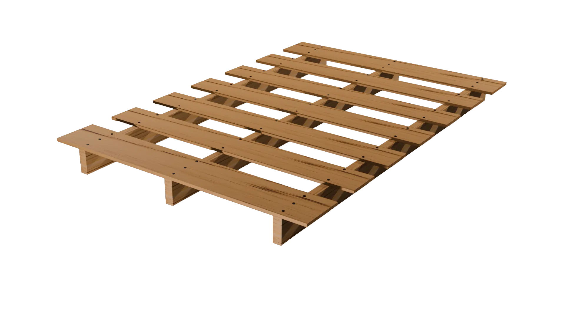 Wooden skid without bottom deck boards for heavy machinery transport.